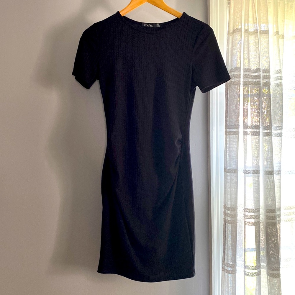 Boohoo short sleeved black maternity dress with textured stripes